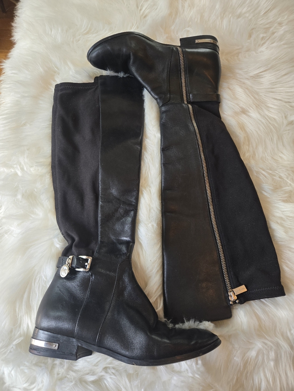 Michael Kors Black Leather Boot with Silver MK Charm
